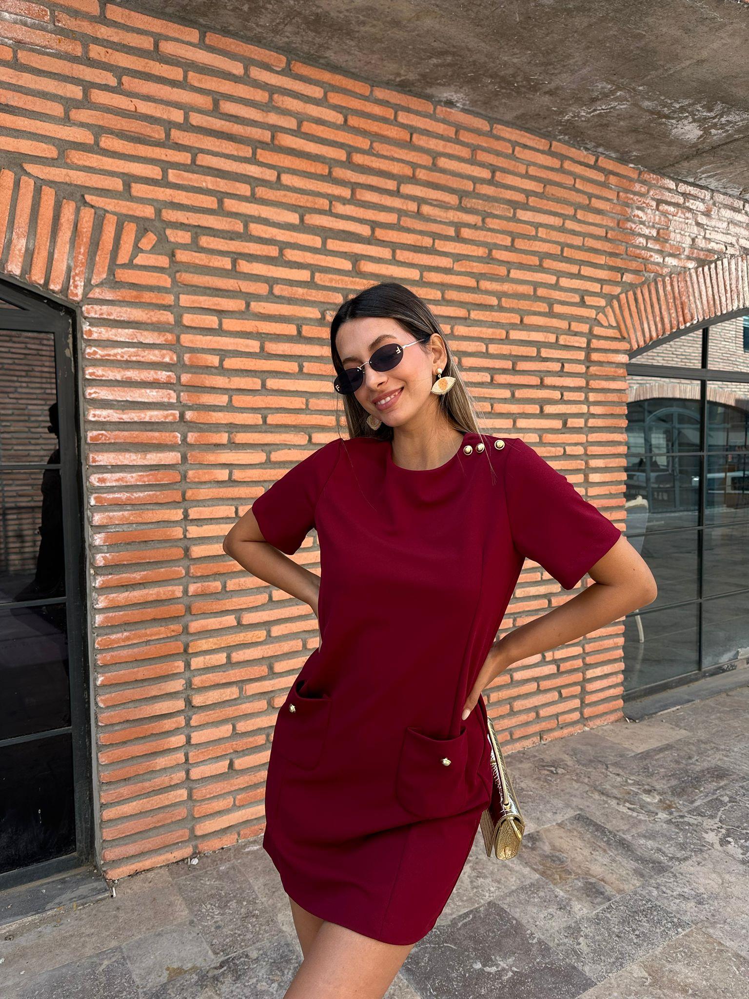 Liana Cepli Gold Düğme Detay Bordo Elbise 070621224