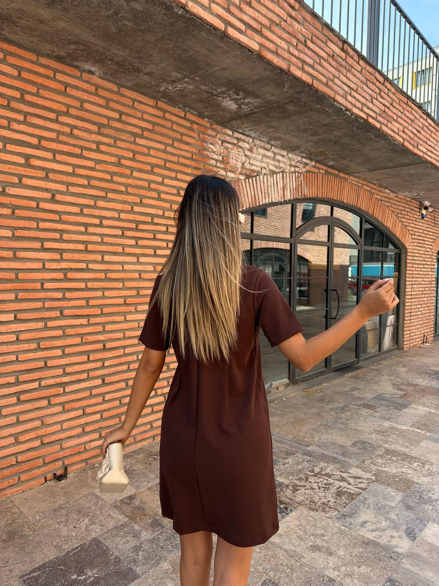 Liana Cepli Gold Düğme Detay Kahverengi Elbise 070621224