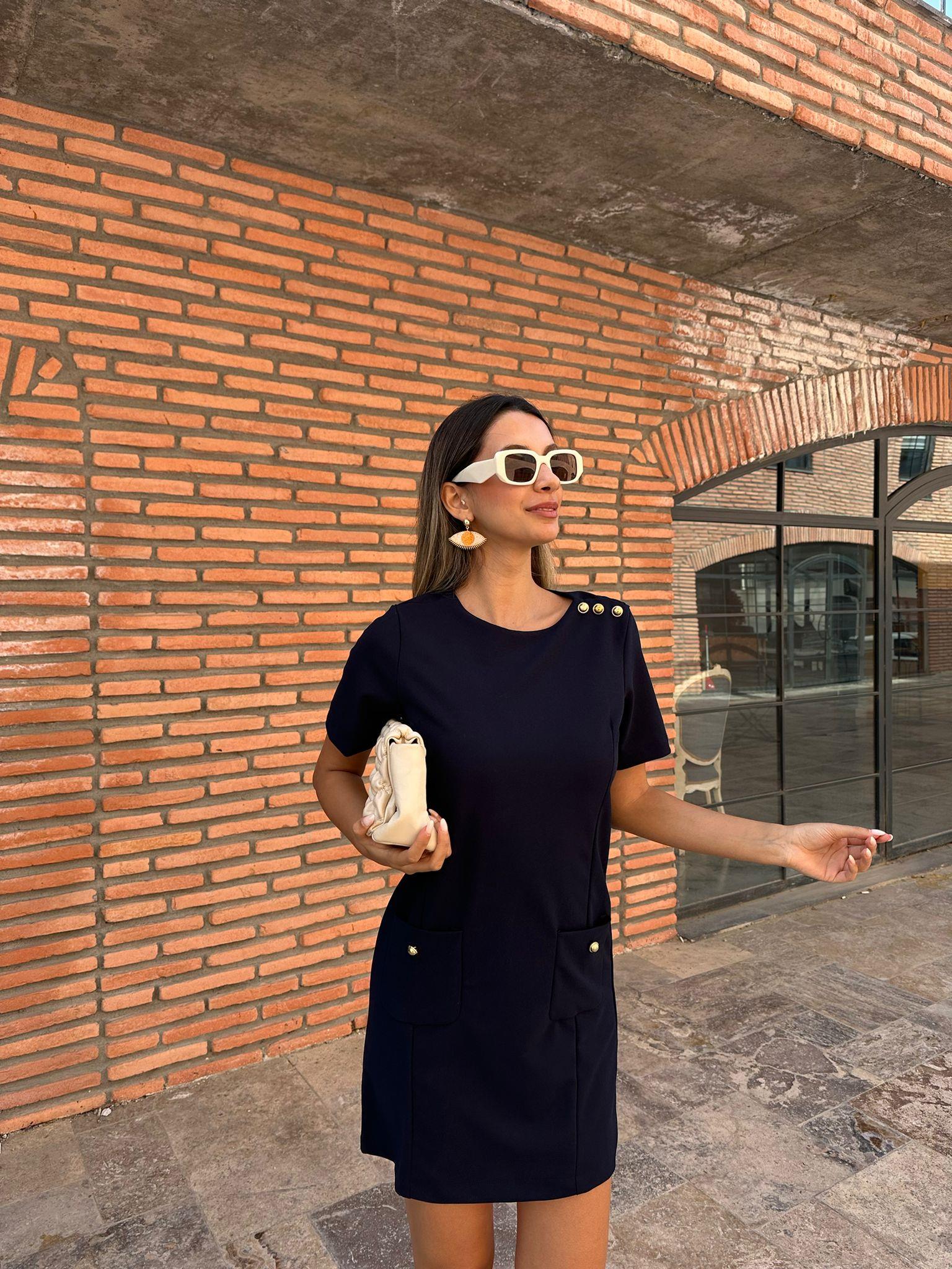 Liana Cepli Gold Düğme Detay Lacivert Elbise 070621224