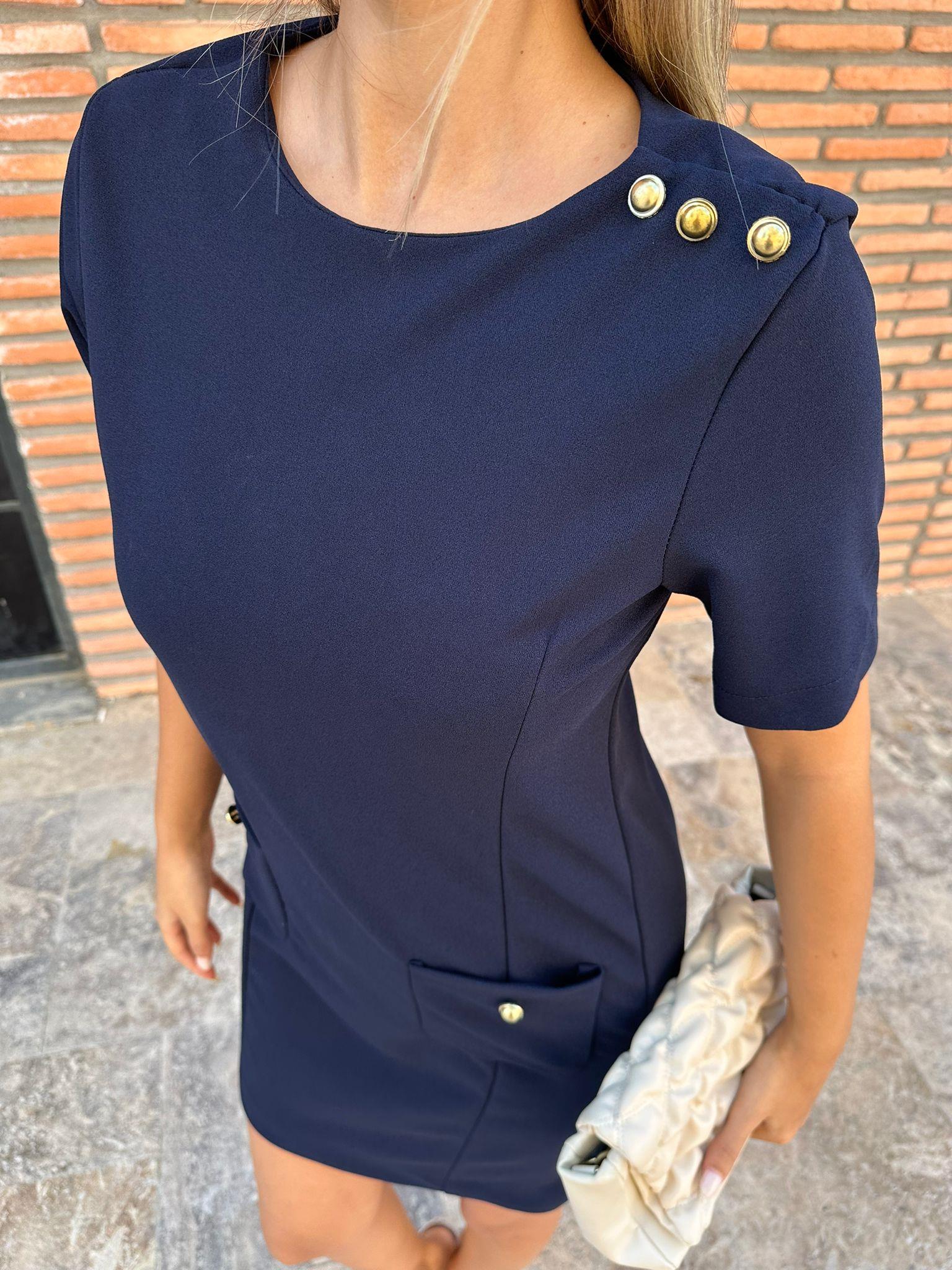 Liana Cepli Gold Düğme Detay Lacivert Elbise 070621224