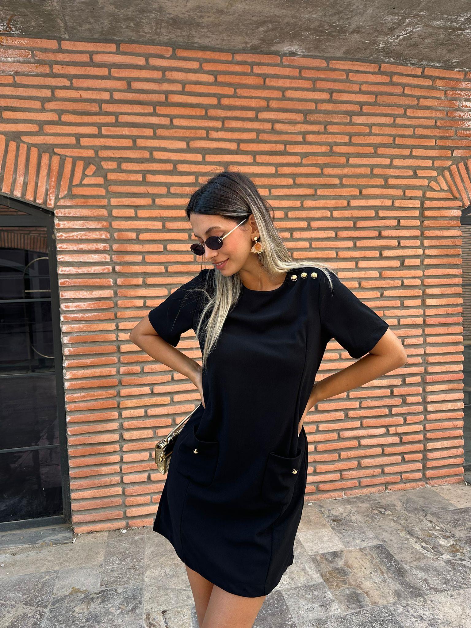 Liana Cepli Gold Düğme Detay Siyah Elbise 070621224