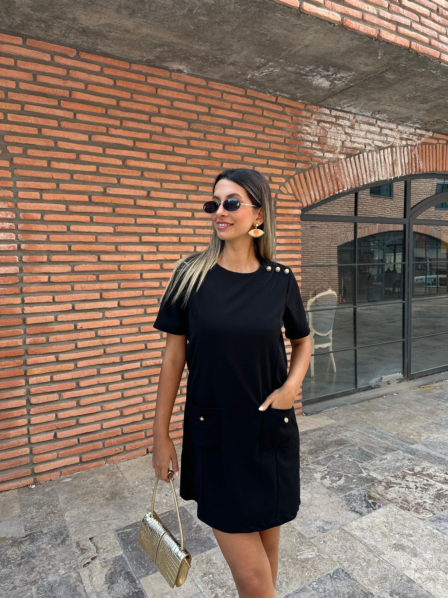 Liana Cepli Gold Düğme Detay Siyah Elbise 070621224