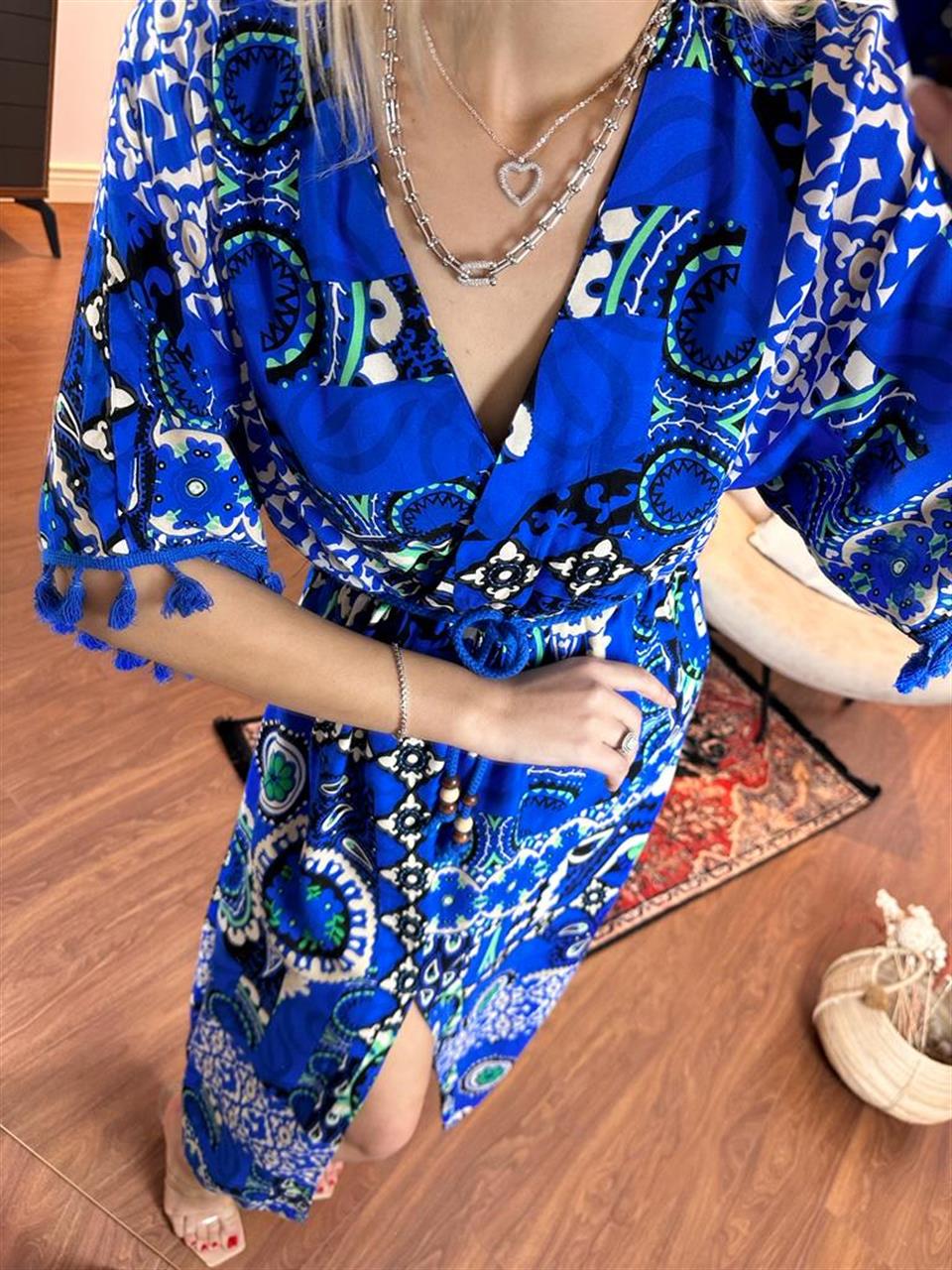 Liara Etnik Desen Püskül Detay Elbise Mavi 1005222
