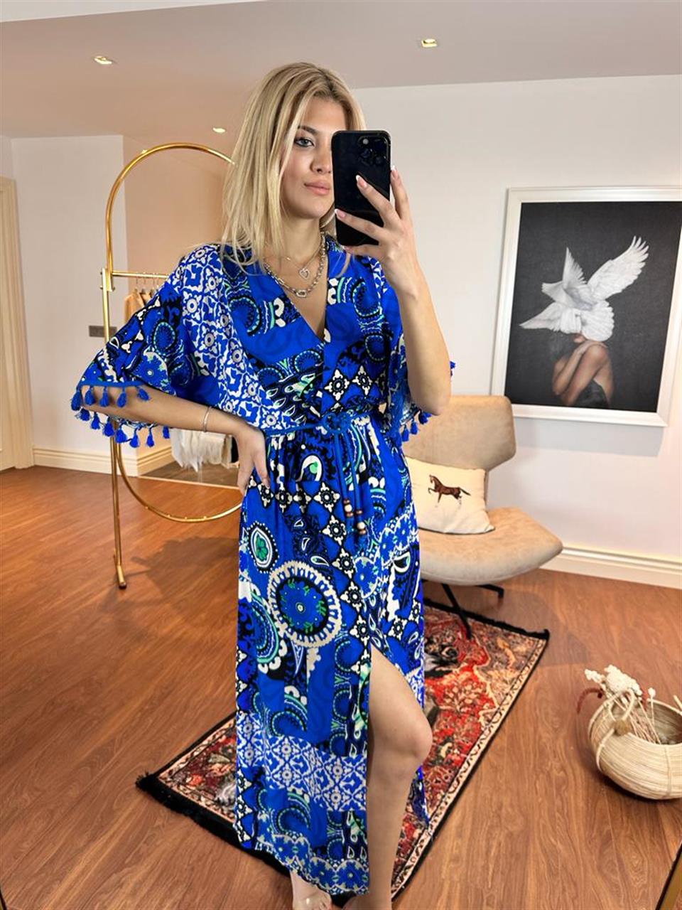 Liara Etnik Desen Püskül Detay Elbise Mavi 1005222