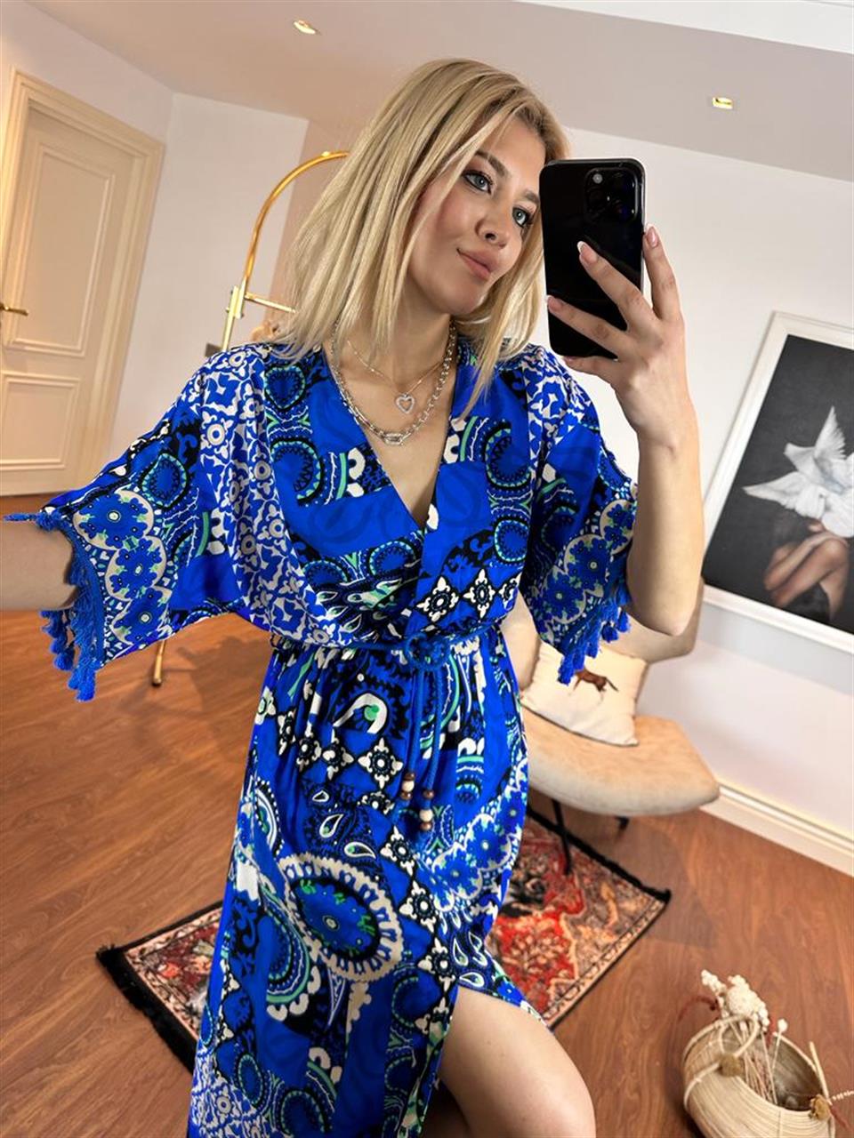 Liara Etnik Desen Püskül Detay Elbise Mavi 1005222
