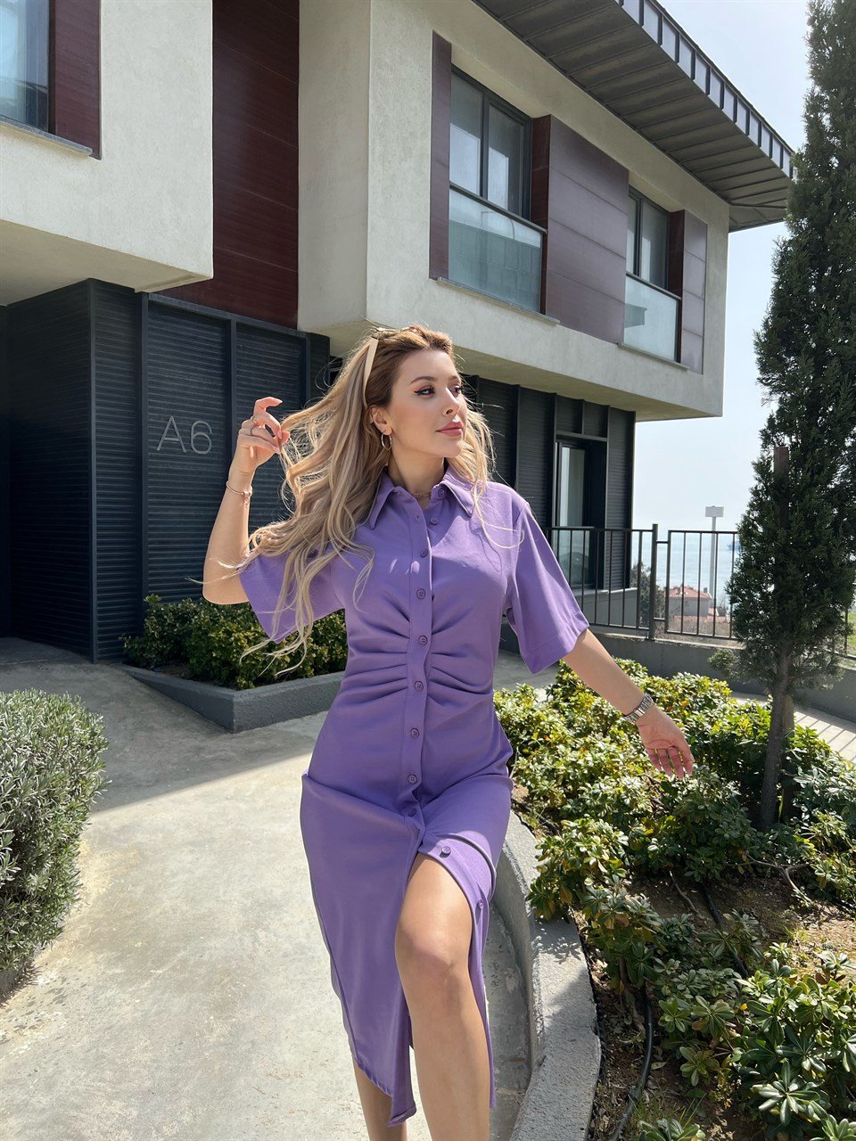 Lila Bel Büzgülü Düğmeli Elbise
