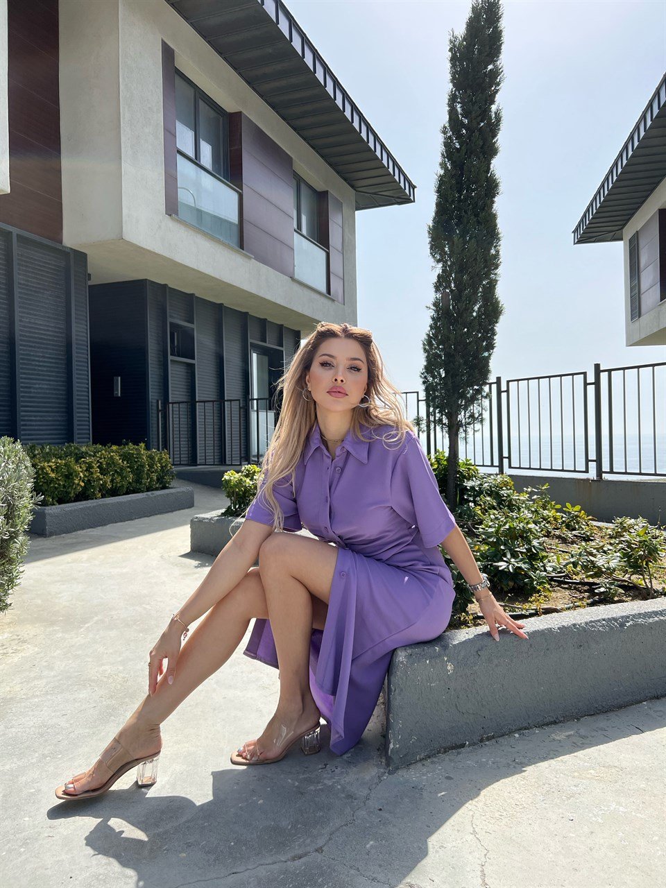 Lila Bel Büzgülü Düğmeli Elbise