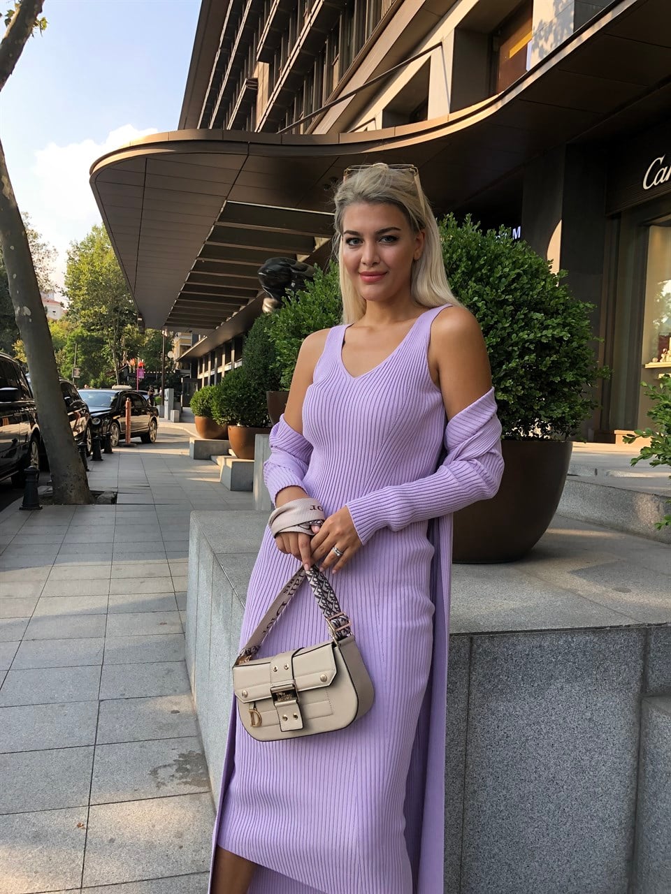 Lila Elbise Hırka Triko Takım