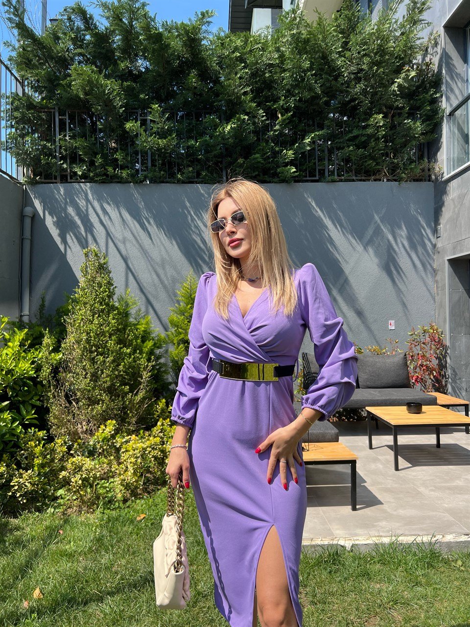 Lila Gold Kemerli Crep Elbise