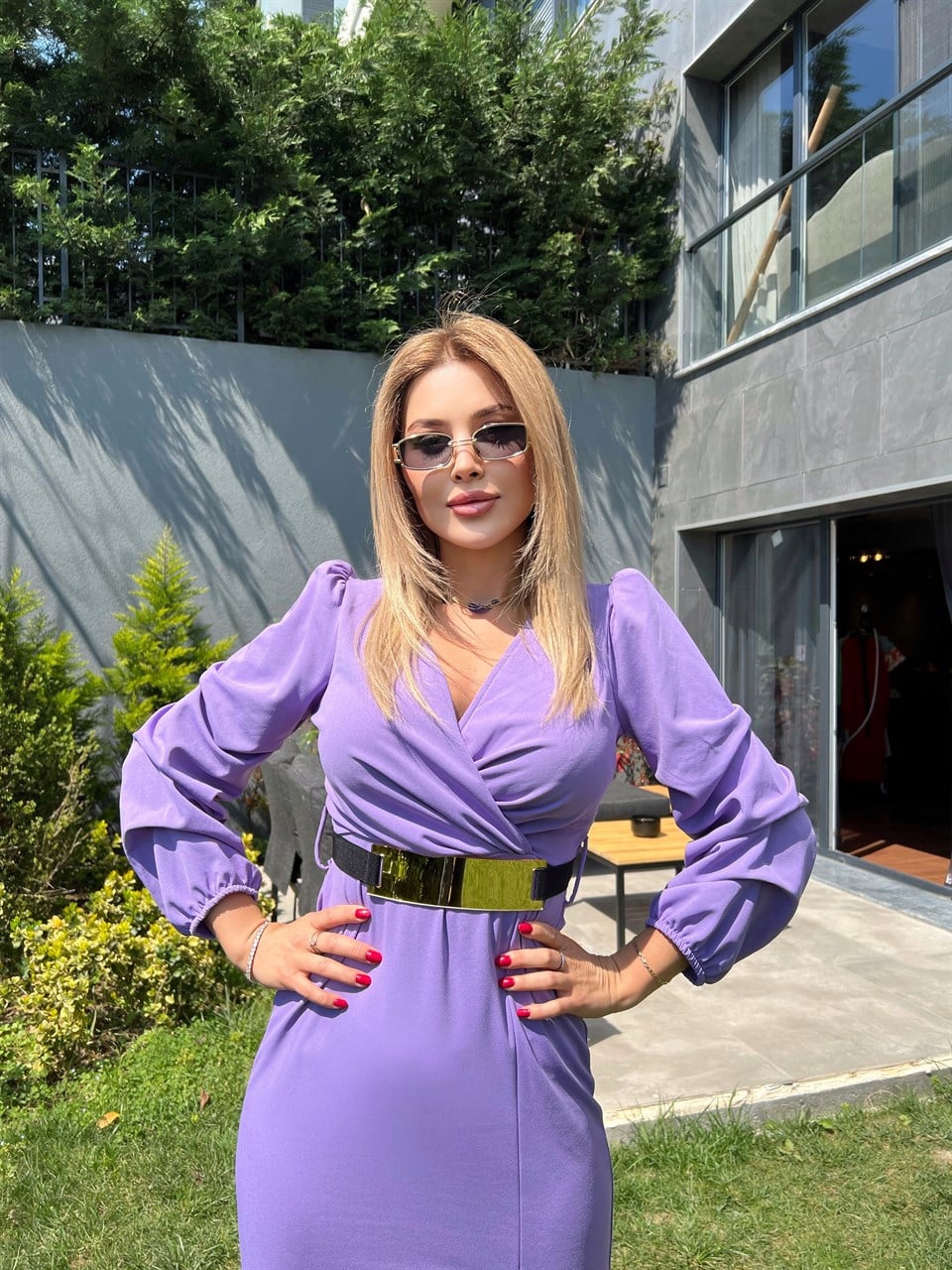 Lila Gold Kemerli Crep Elbise