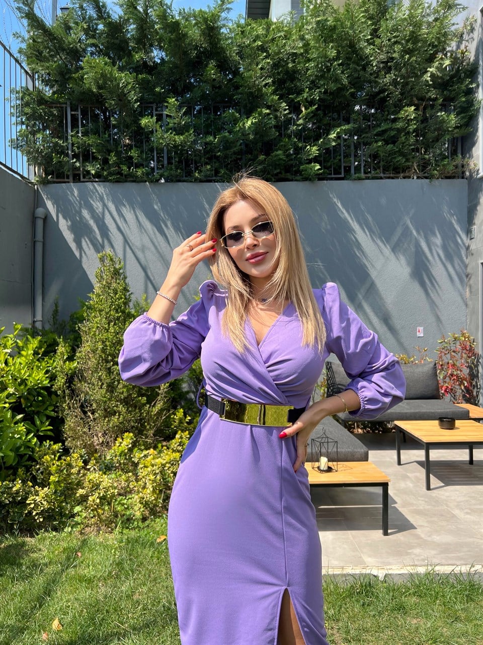 Lila Gold Kemerli Crep Elbise