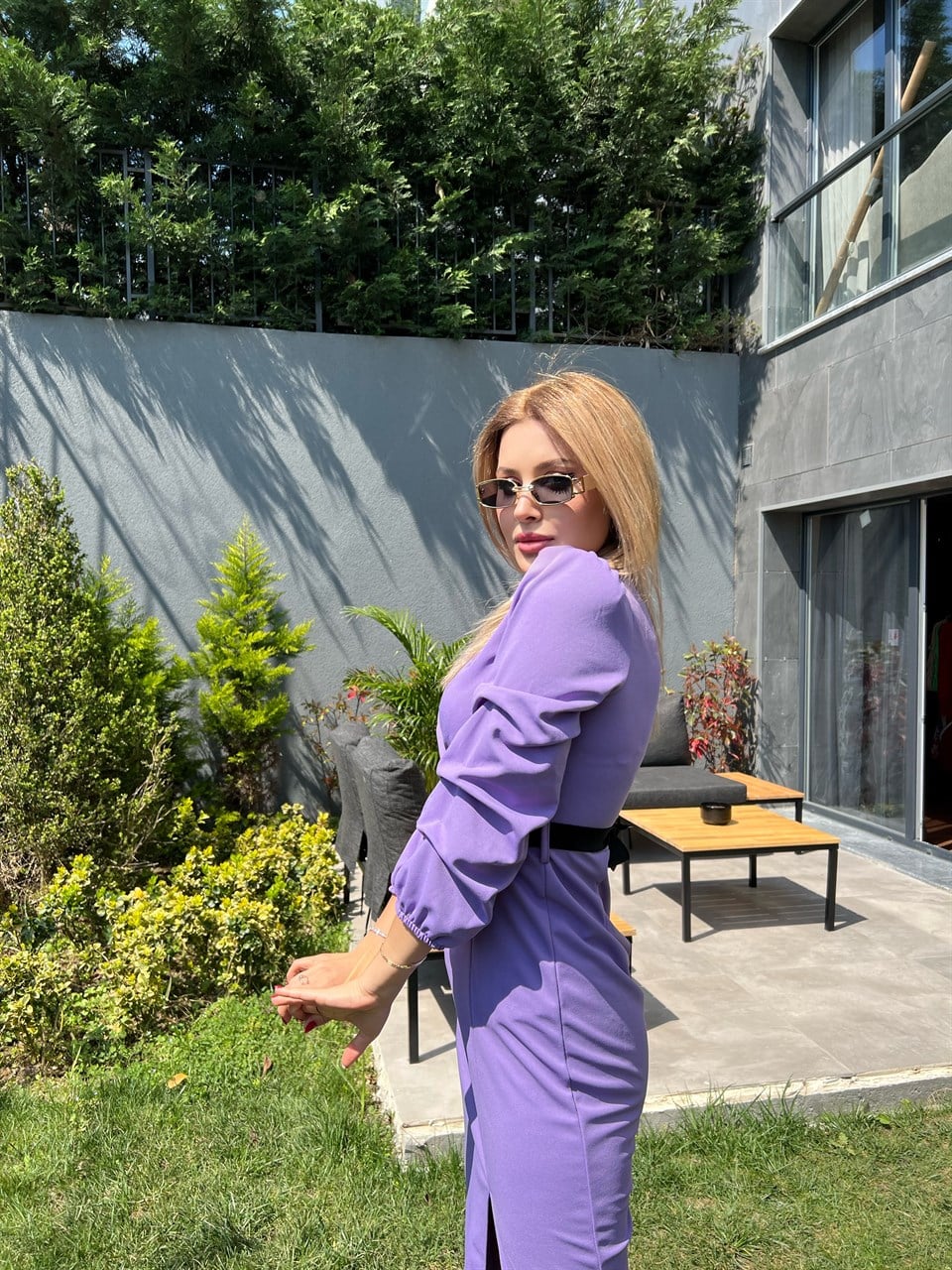 Lila Gold Kemerli Crep Elbise