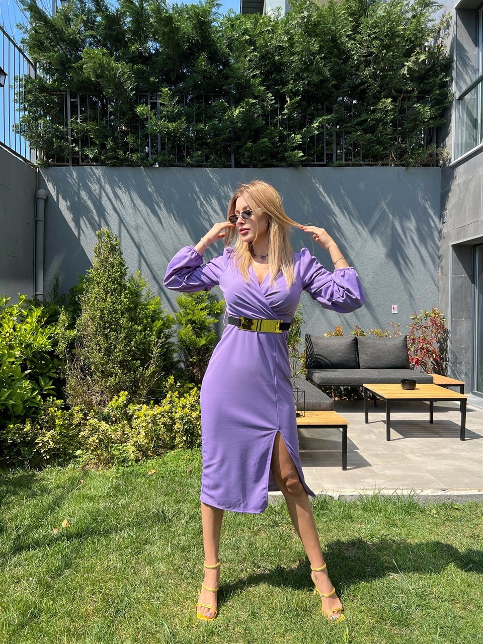 Lila Gold Kemerli Crep Elbise