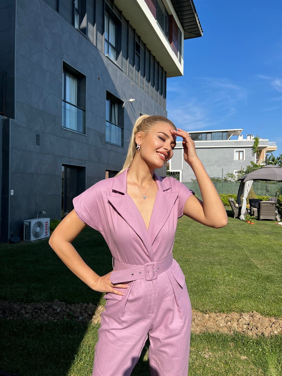 Lila Kemerli Kroseçli Keten Tulum