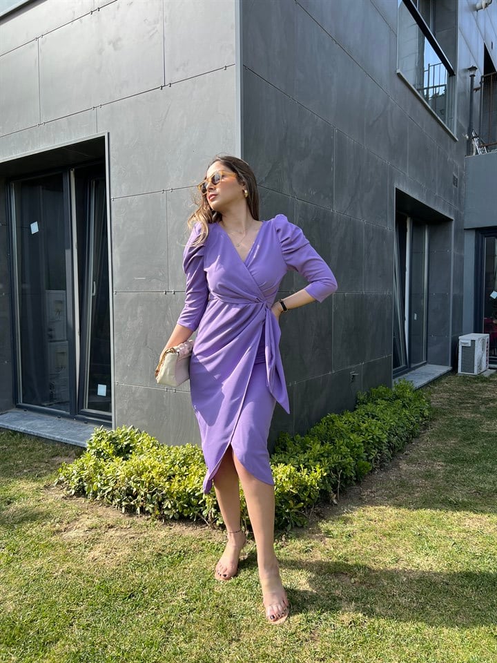 Lila Kruvaze Crep Elbise