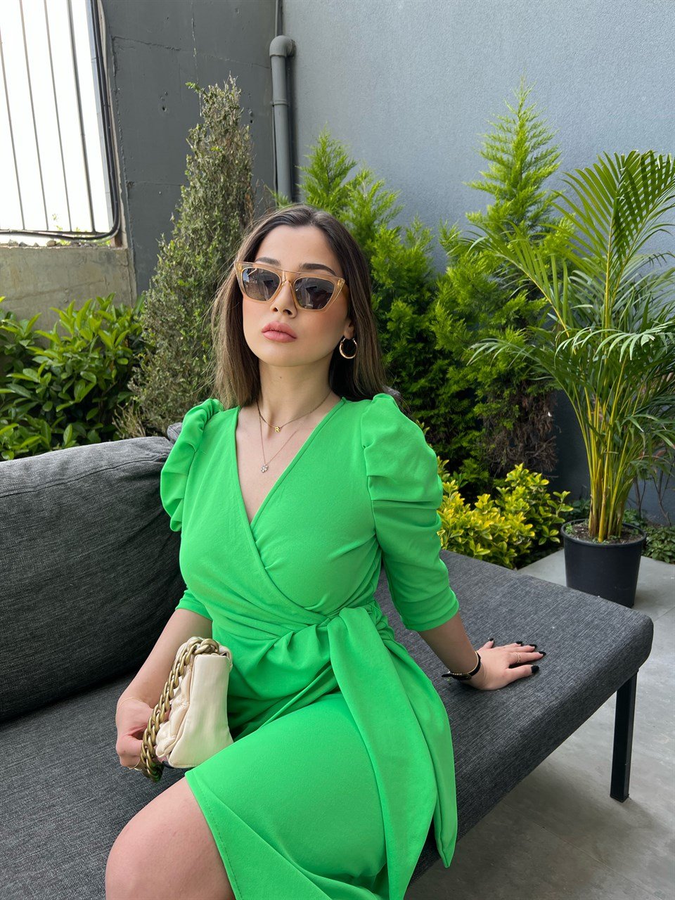 Limon Yeşili Kruvaze Crep Elbise