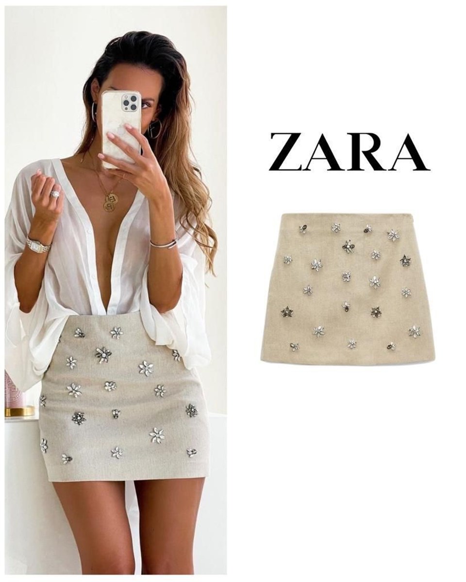 Liyo Taşlı Z*ra Model Keten Krem Etek 