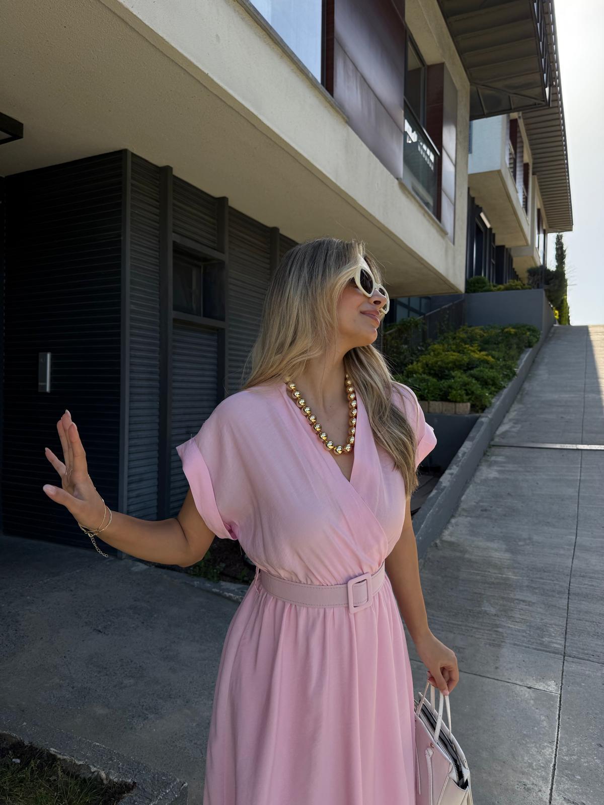 Lola Double Kol Kemerli Astarlı Elbise Pembeyelb2261grs