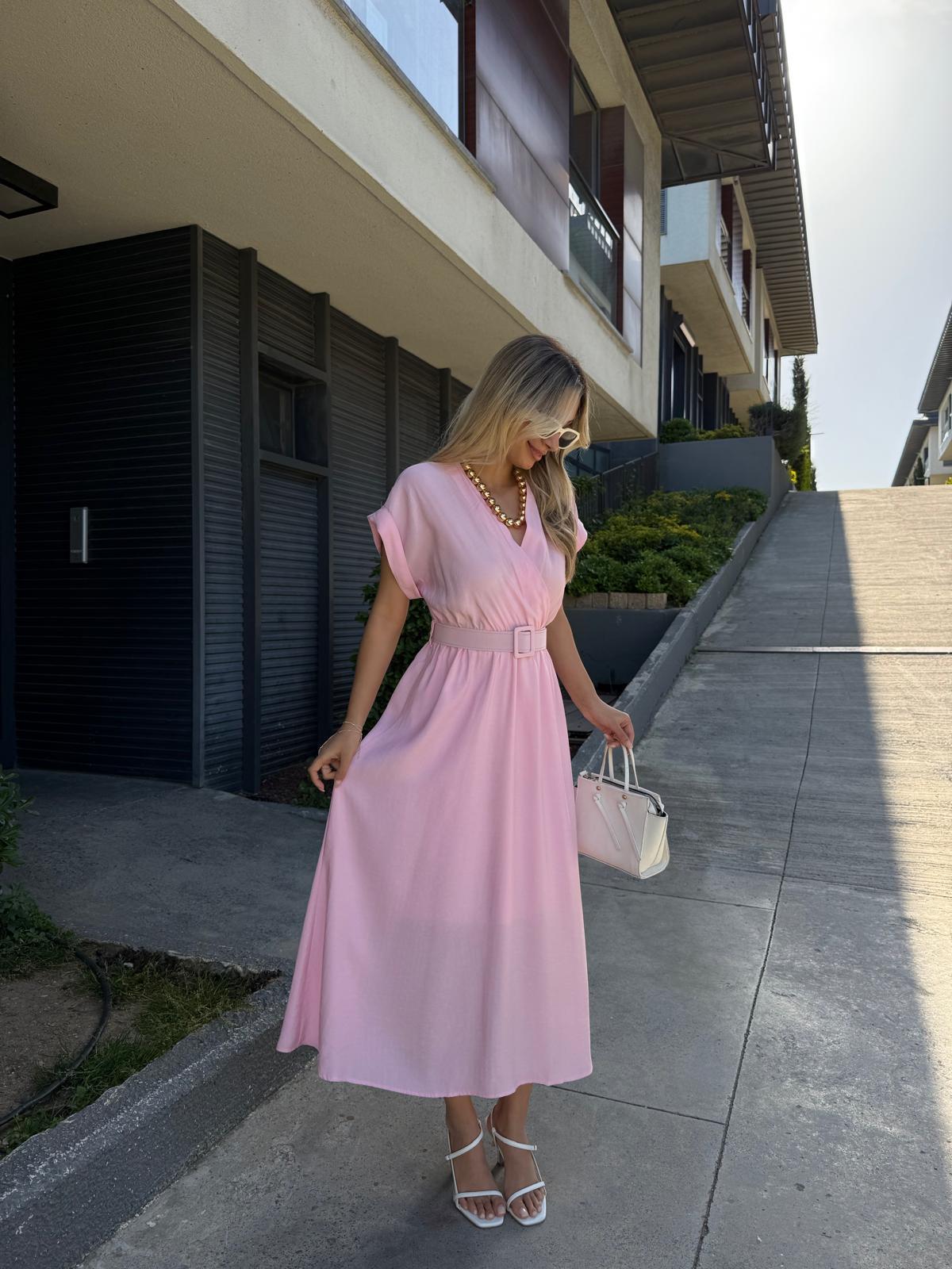 Lola Double Kol Kemerli Astarlı Elbise Pembeyelb2261grs