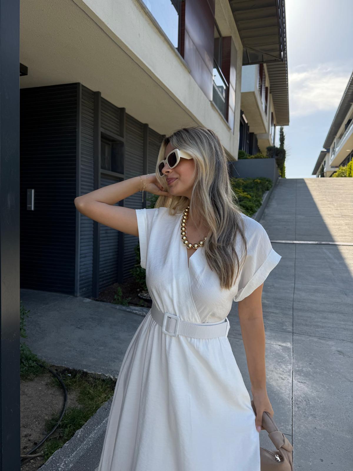 Lola Double Kol Kemerli Astarlı Elbise Beyazyelb2261grs