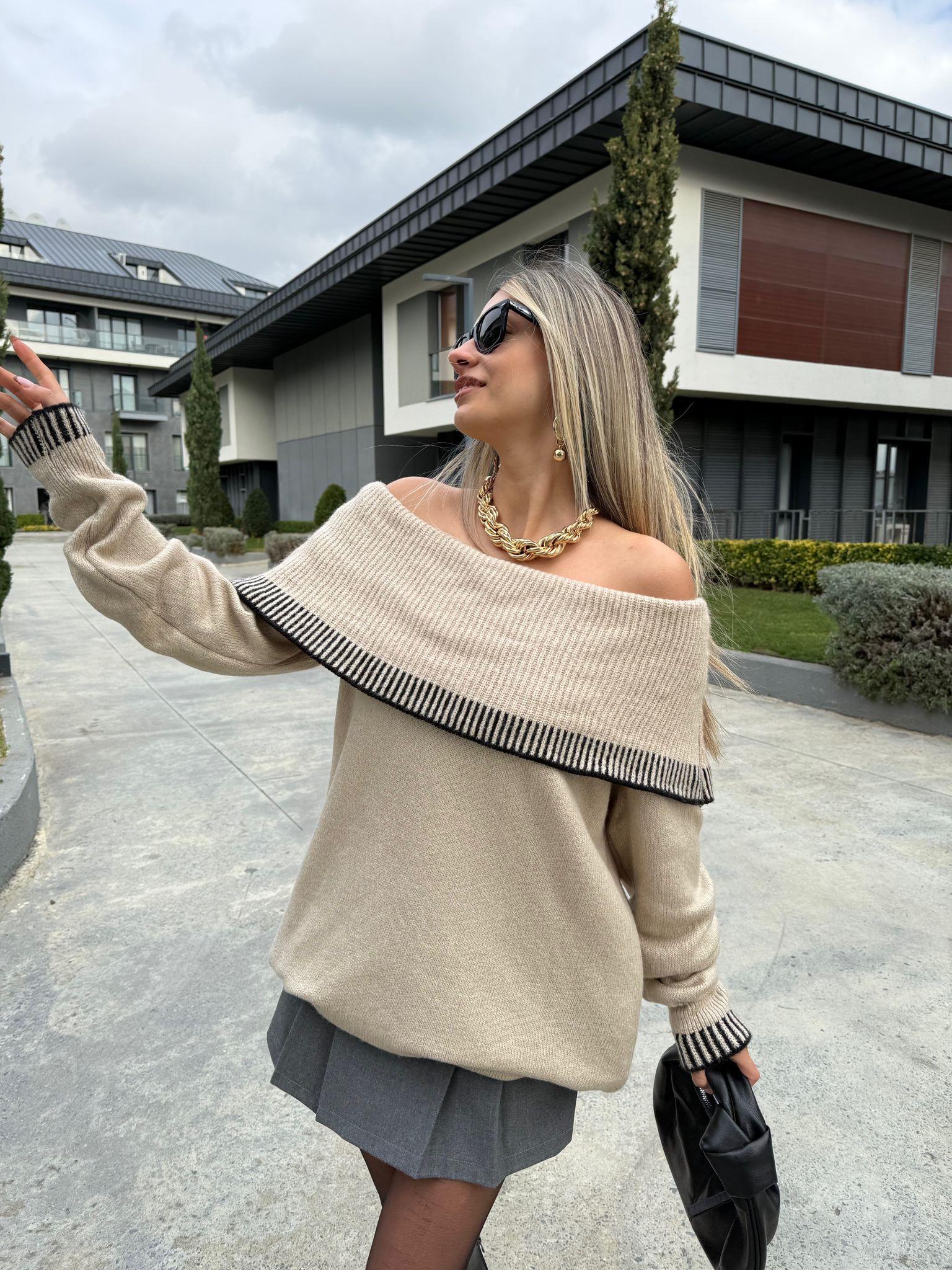 Madonna Yaka Fitilli Oversize Taş Kazak kzk2084msy