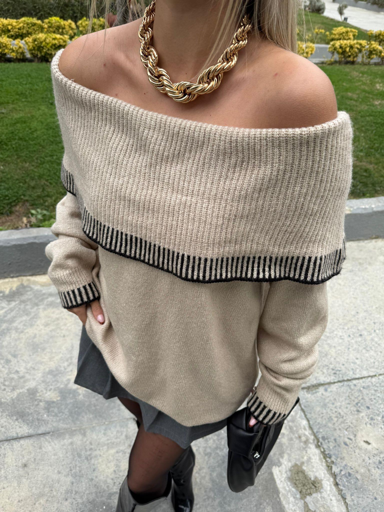 Madonna Yaka Fitilli Oversize Taş Kazak kzk2084msy
