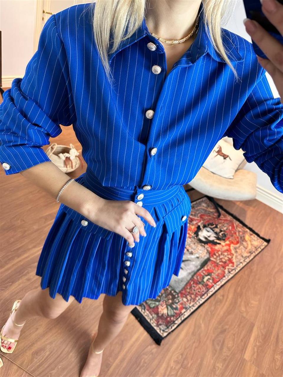 Marka Model Gold Düğmeli Pileli Mavi Elbise 1005221