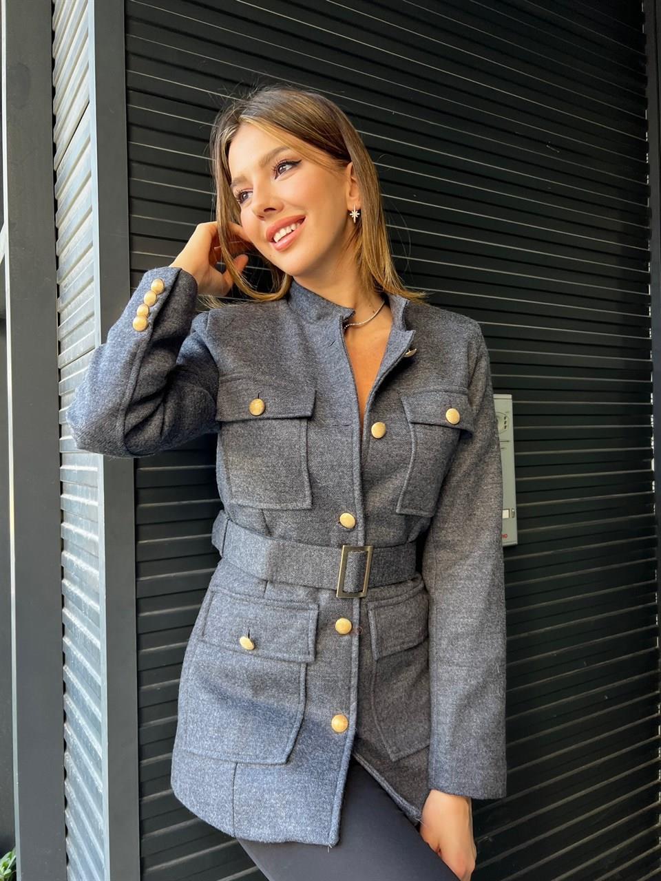 Marka Model Kemerli Füme Kaşe Ceket 5966