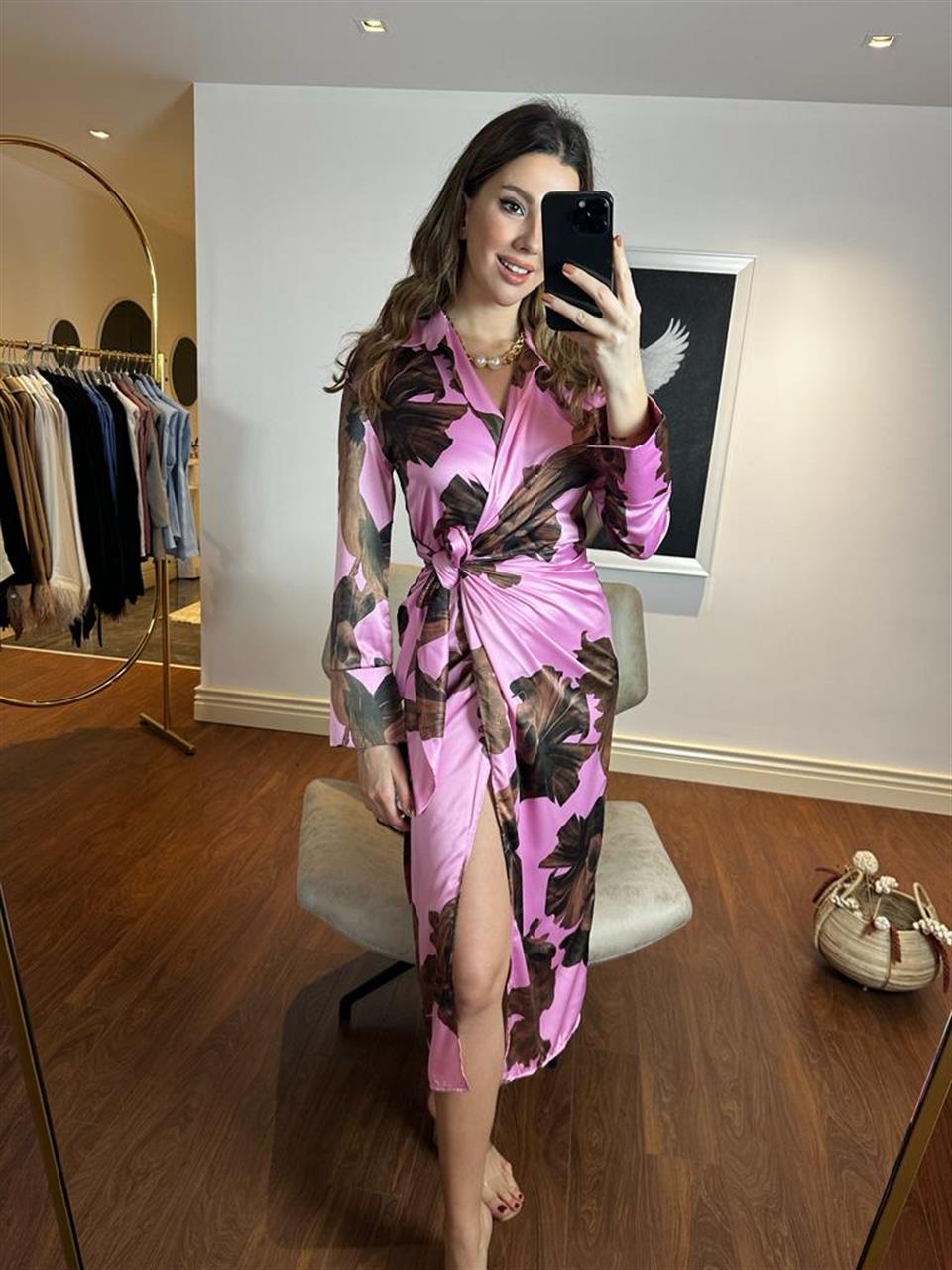 Marka Model Saten Bağlamalı Kruvaze Elbise Pembe 220391