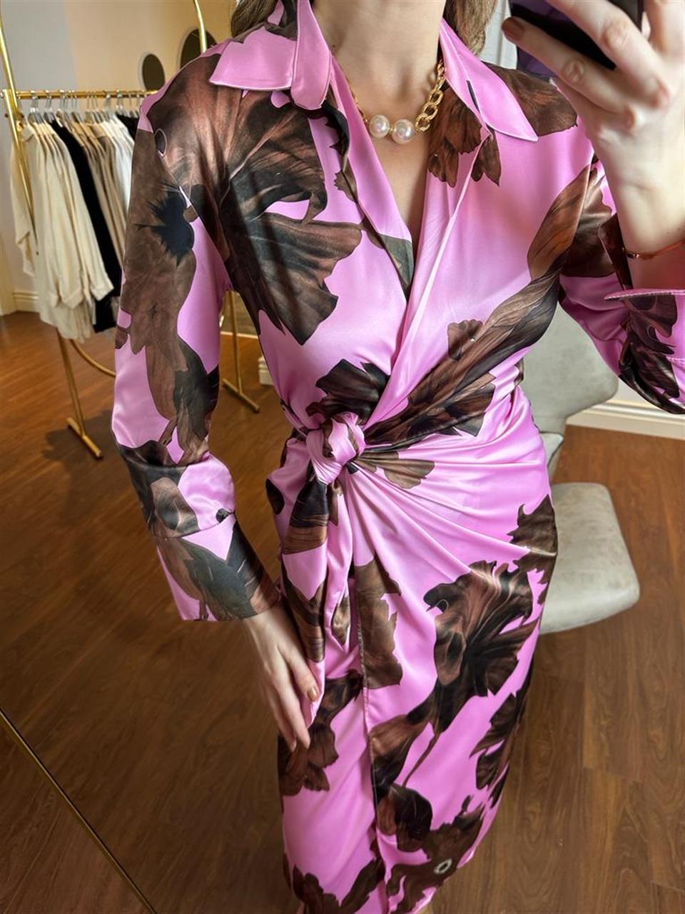 Marka Model Saten Bağlamalı Kruvaze Elbise Pembe 220391