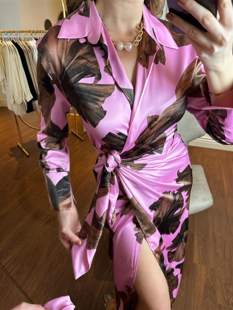 Marka Model Saten Bağlamalı Kruvaze Elbise Pembe 220391