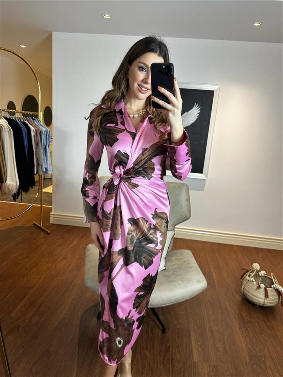 Marka Model Saten Bağlamalı Kruvaze Elbise Pembe 220391