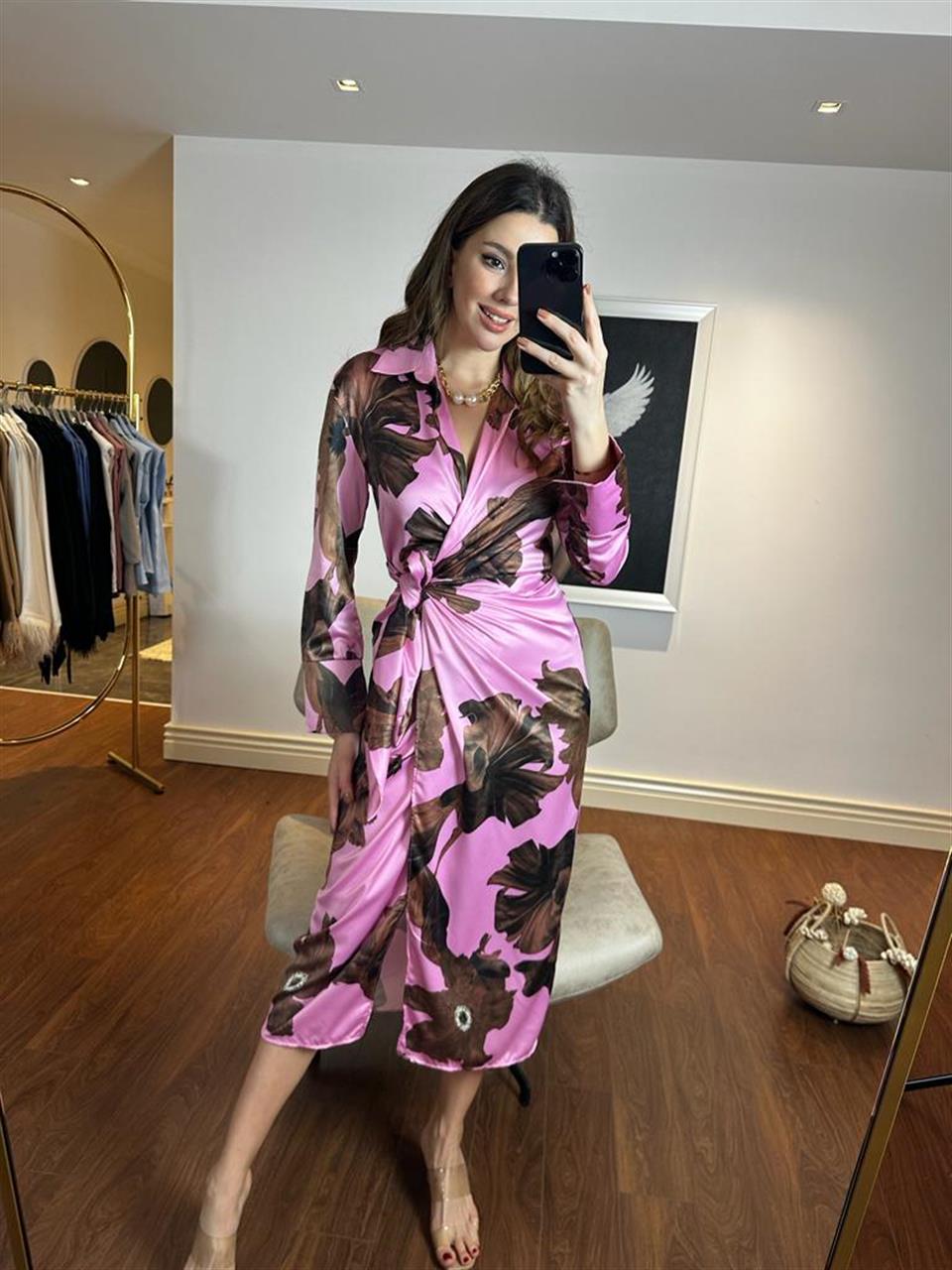 Marka Model Saten Bağlamalı Kruvaze Elbise Pembe 220391