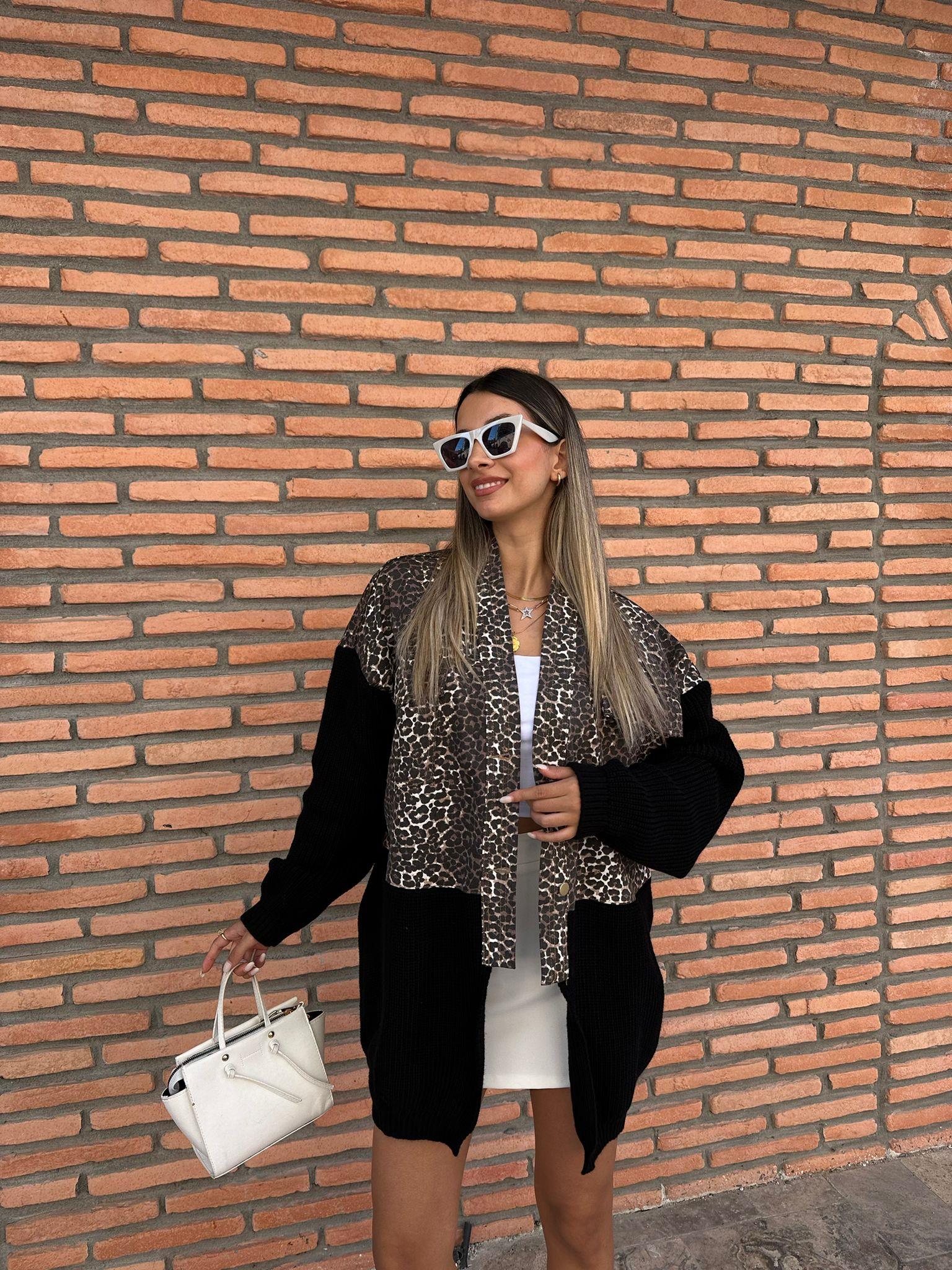 Marka Model Triko Mixli Tasarım Leopar Ceket Gri hrk1016rvd