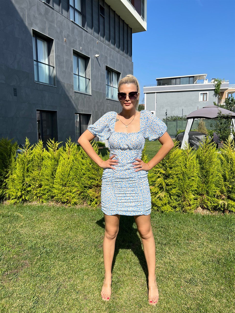 Mavi Papatyalı Mini Elbise