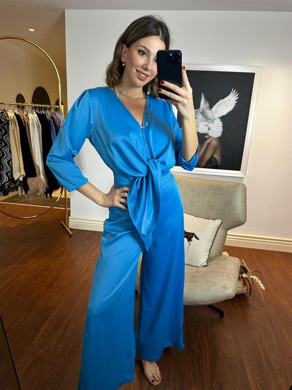 Mavi Saten Pantolon Bluz Takım 50686