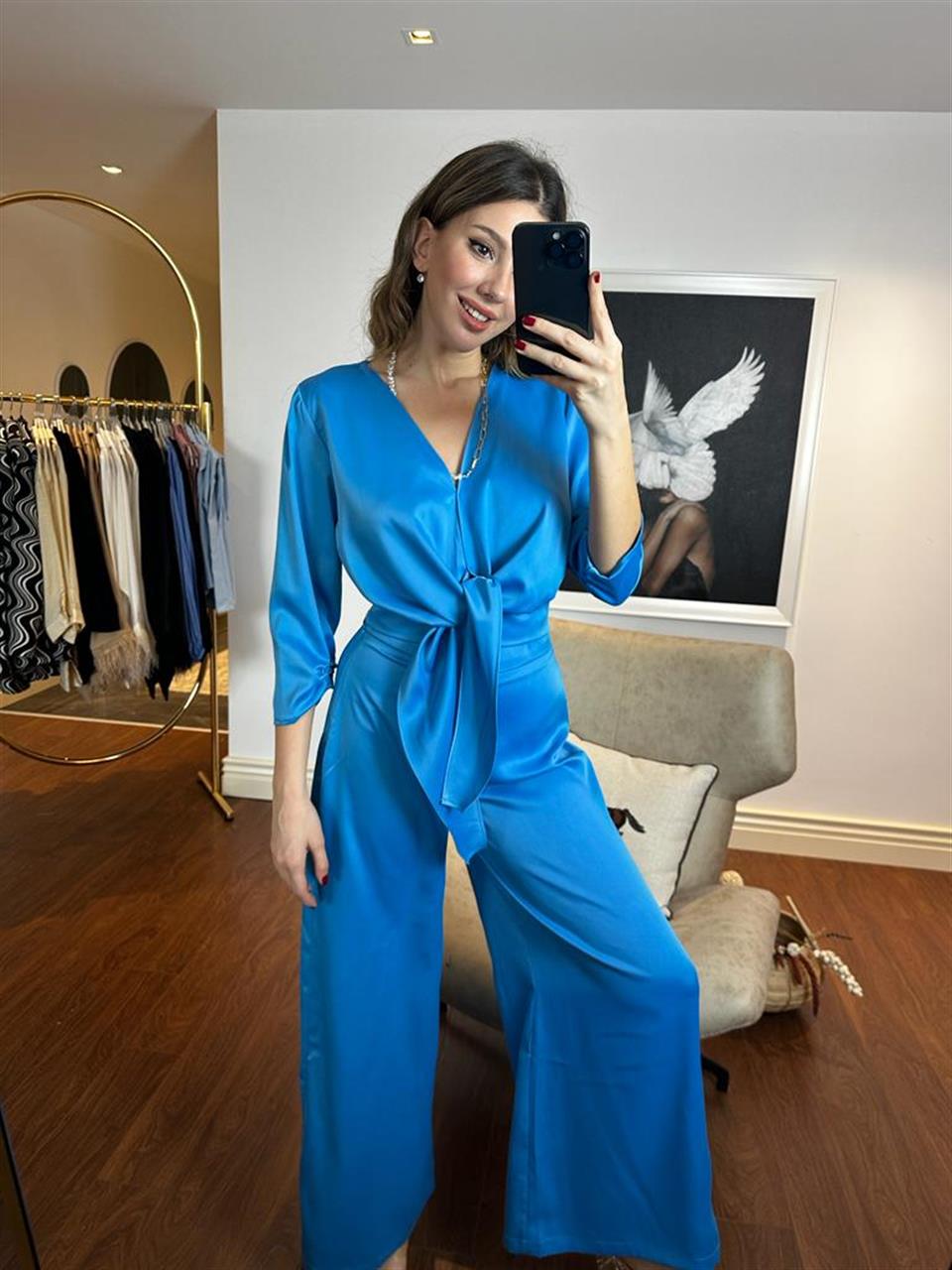 Mavi Saten Pantolon Bluz Takım 50686
