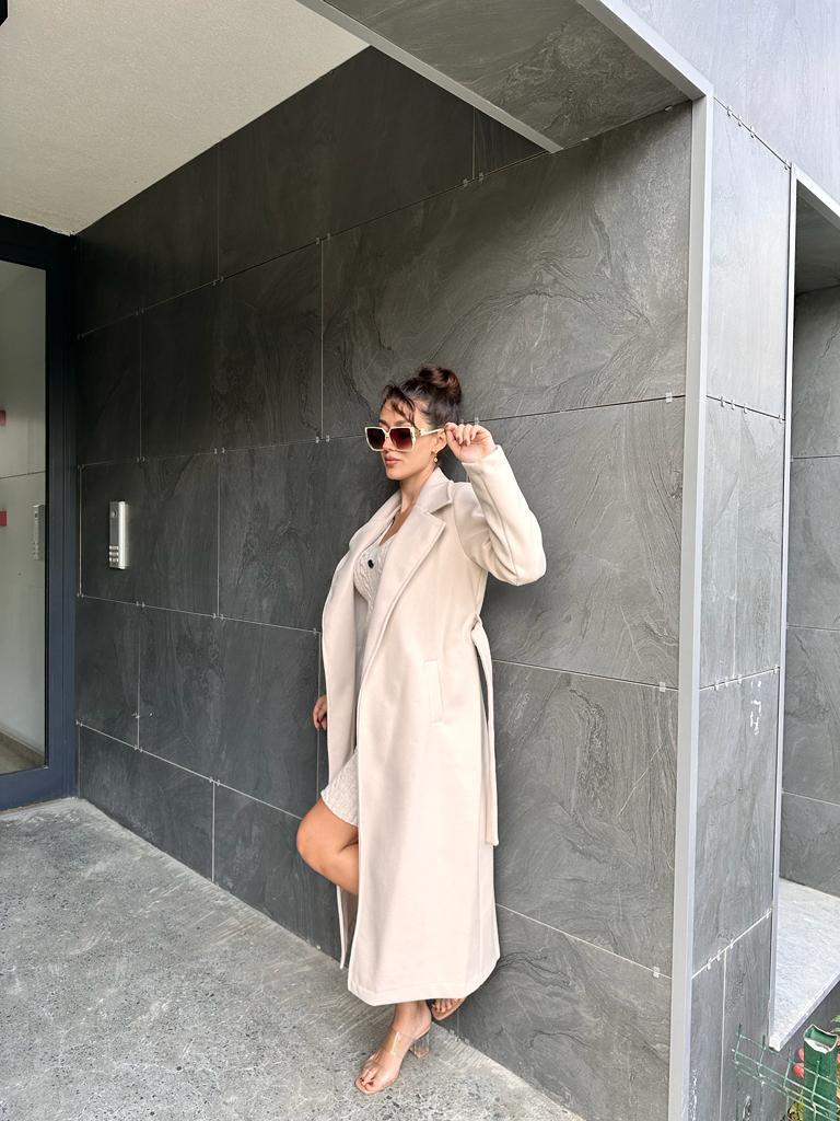 Maxi Boy Kuşaklı Krem Kaşe Kaban 1707428