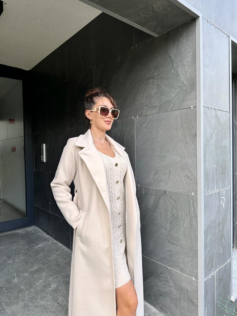 Maxi Boy Kuşaklı Krem Kaşe Kaban 1707428
