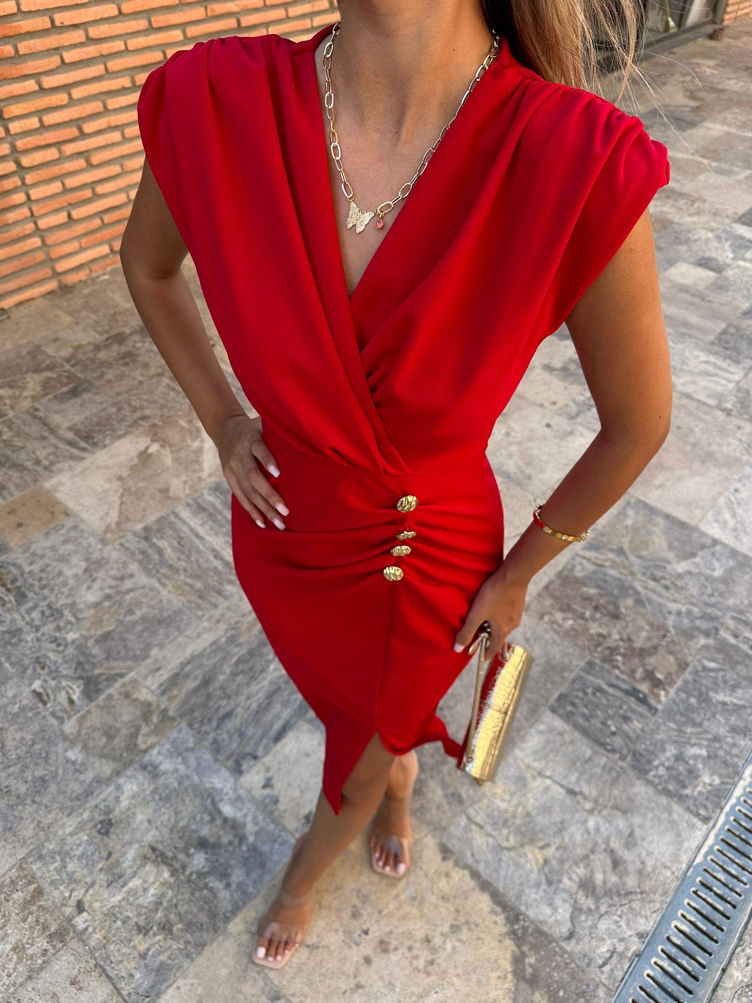 Melina Gold Düğme Aksesuarlı Kırmızı Kalem Elbise 070621194
