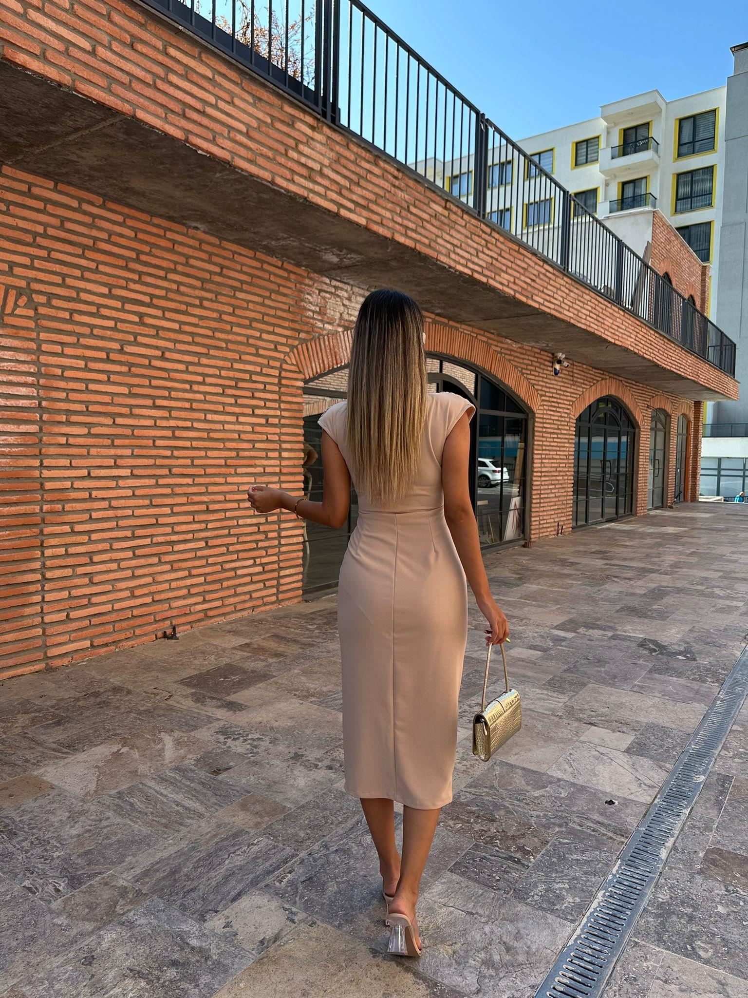 Melina Gold Düğme Aksesuarlı Krem Kalem Elbise 070621194
