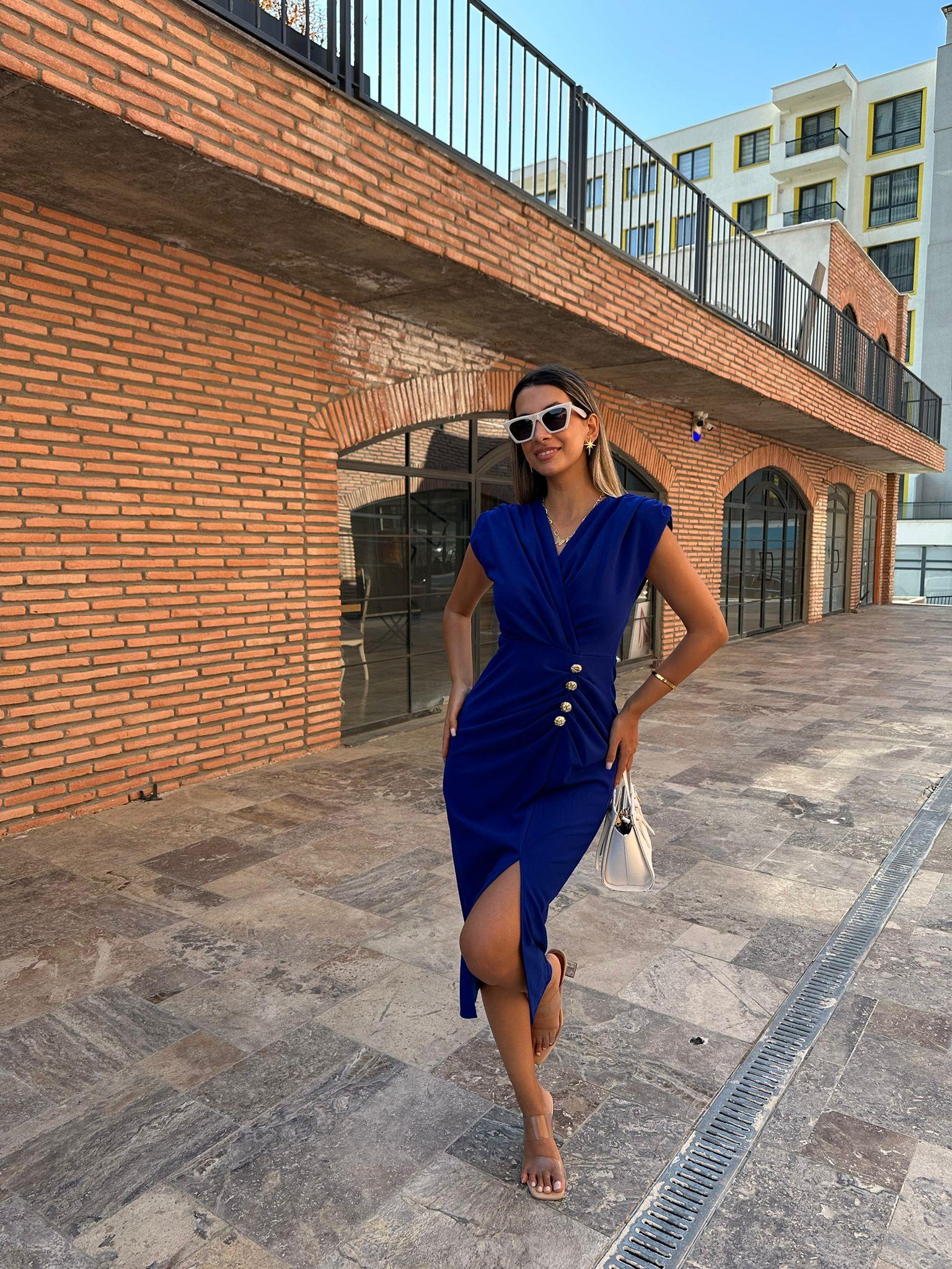 Melina Gold Düğme Aksesuarlı Seks Kalem Elbise 070621194