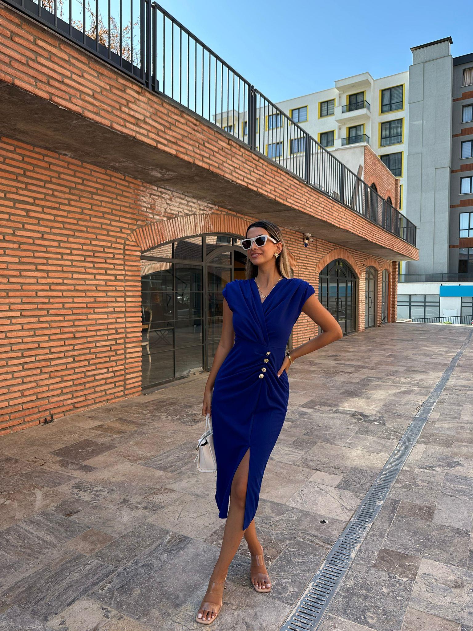 Melina Gold Düğme Aksesuarlı Seks Kalem Elbise 070621194