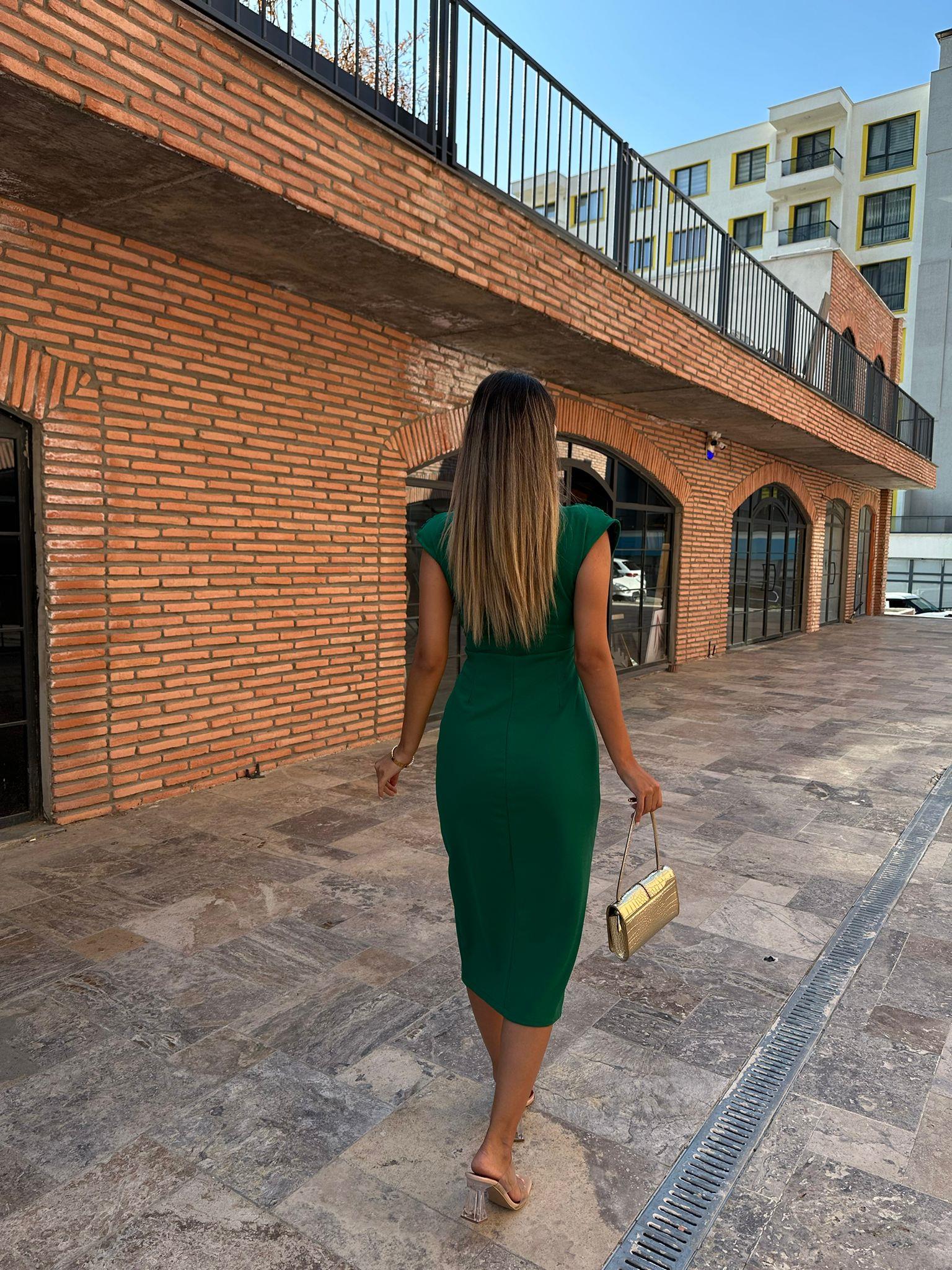 Melina Gold Düğme Aksesuarlı Yeşil  Kalem Elbise 070621194