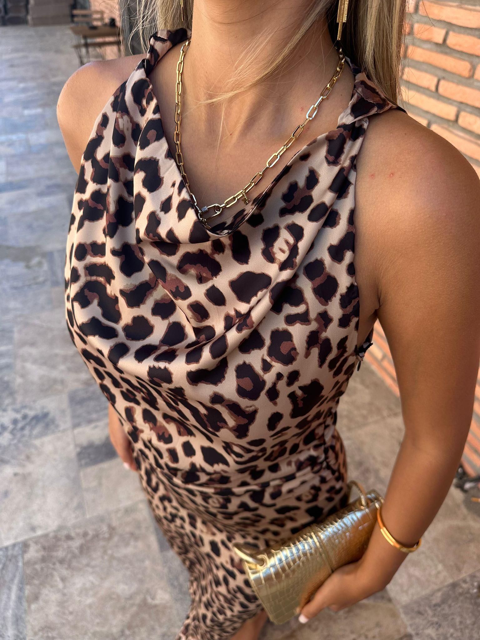 Meva Degaje Yaka Leopar Saten Elbise 070621182