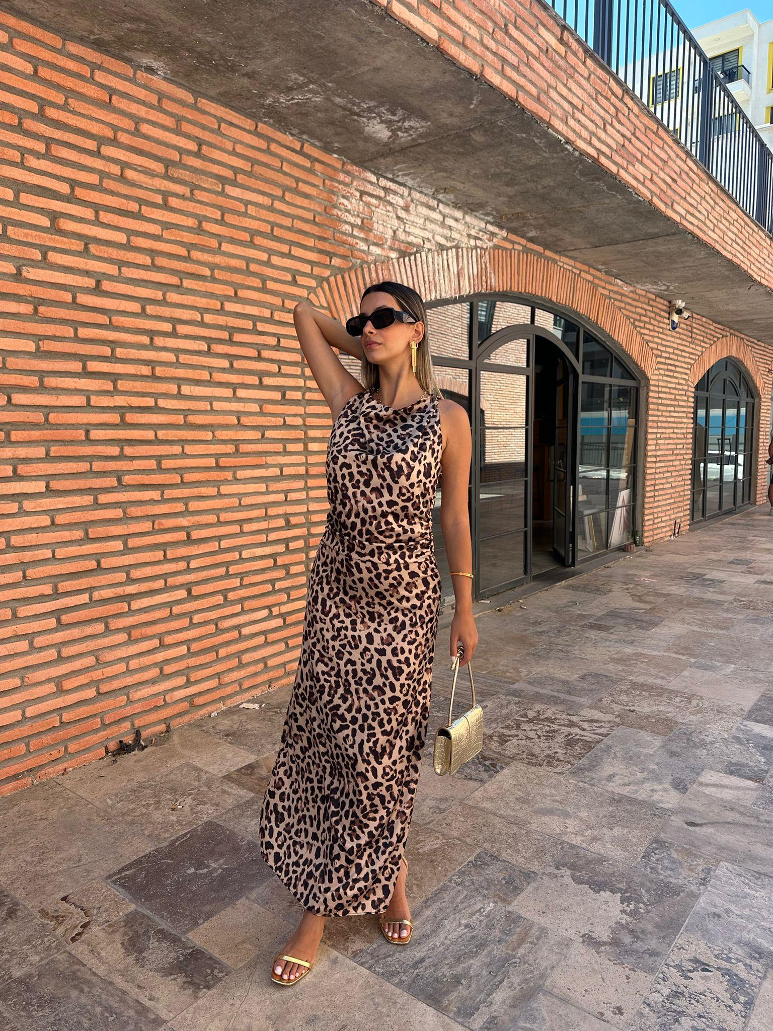 Meva Degaje Yaka Leopar Saten Elbise 070621182