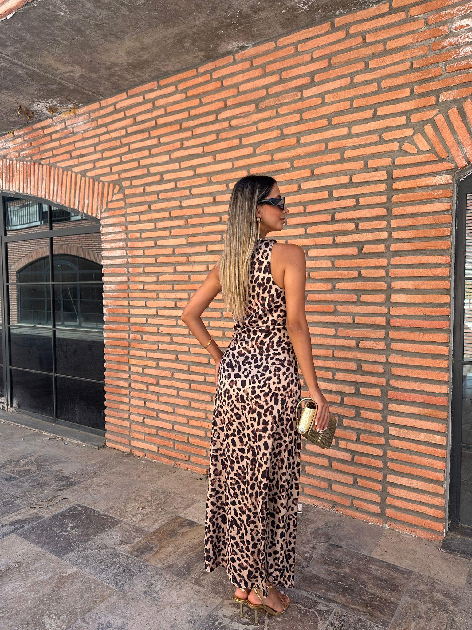 Meva Degaje Yaka Leopar Saten Elbise 070621182
