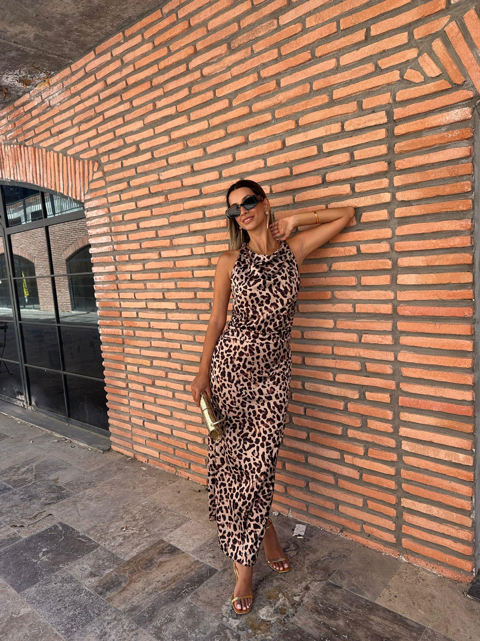 Meva Degaje Yaka Leopar Saten Elbise 070621182