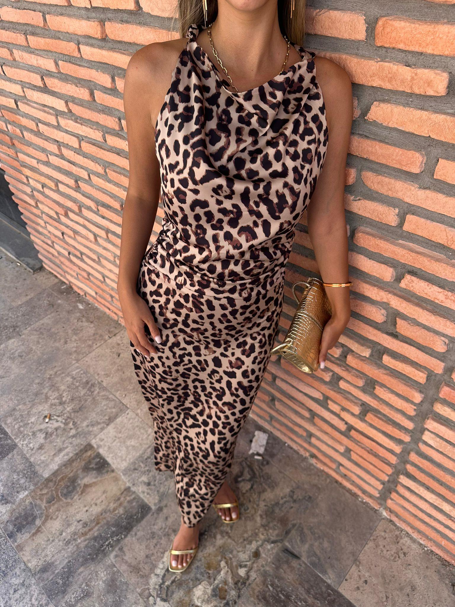 Meva Degaje Yaka Leopar Saten Elbise 070621182