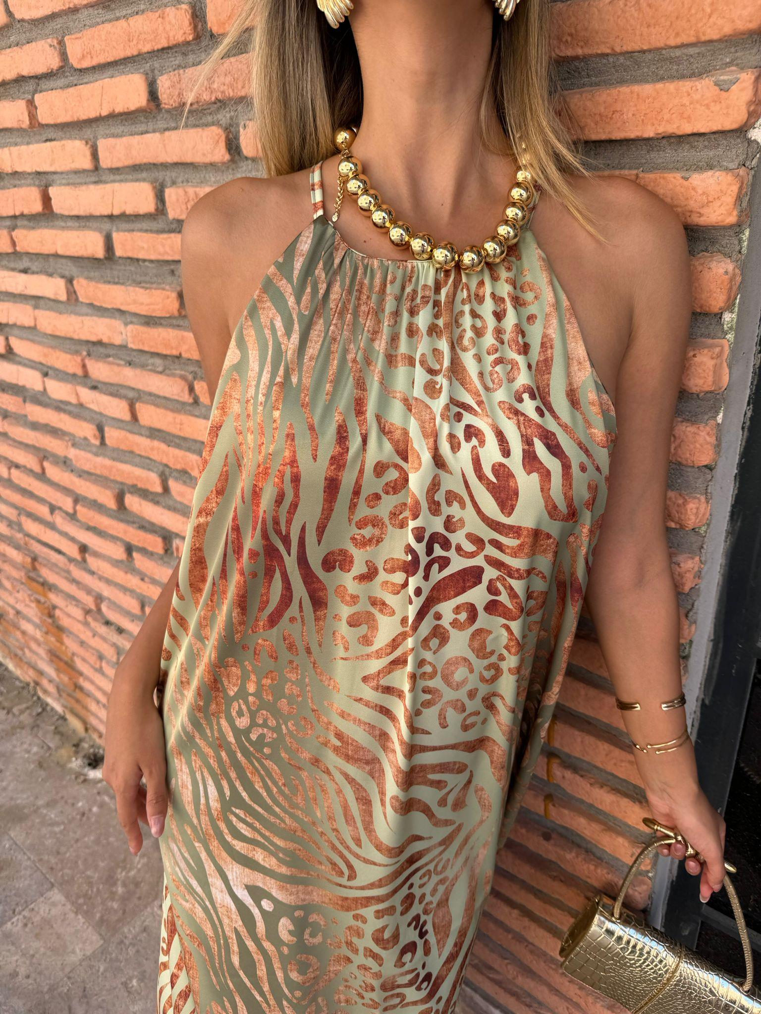 Miessa Varak Leopar Baskılı Su Yeşili Elbise 07062193